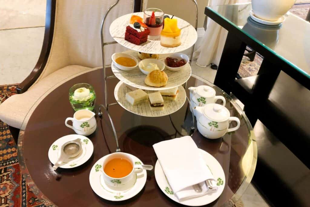 Afternoon tea with selection of cakes and  fine teas at Raffles Le Royal Phnom Penh Cambodia