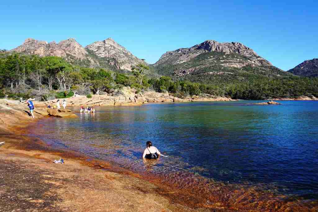 people swimming at Honeymoon Bay Freycinet