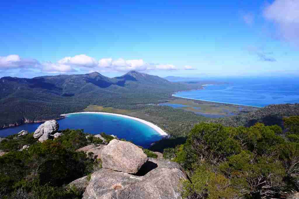 sweeping views of Wineglass Bay Tasmania
