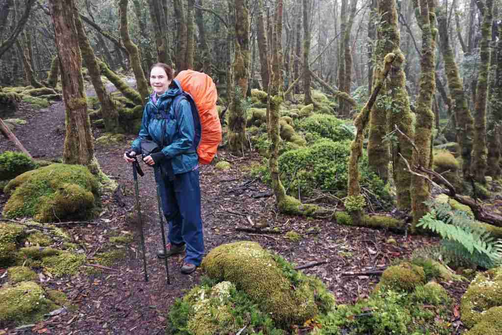 carry a backpack and hiking poles and stopping to rest in a damp, mossy forest on the three capes track in Tasmania