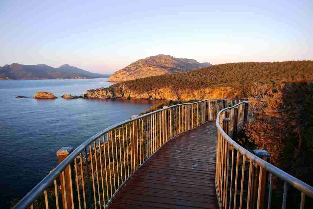 The golden cliffs of Cape Tourville at sunrise on a road trip itinerary in Tasmania