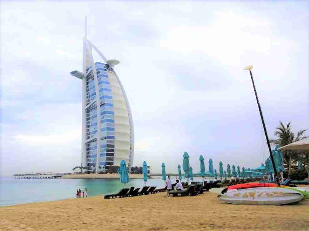 the modern architecture of of the Burj Al Arab at Jumeirah beach on a Dubai stop over