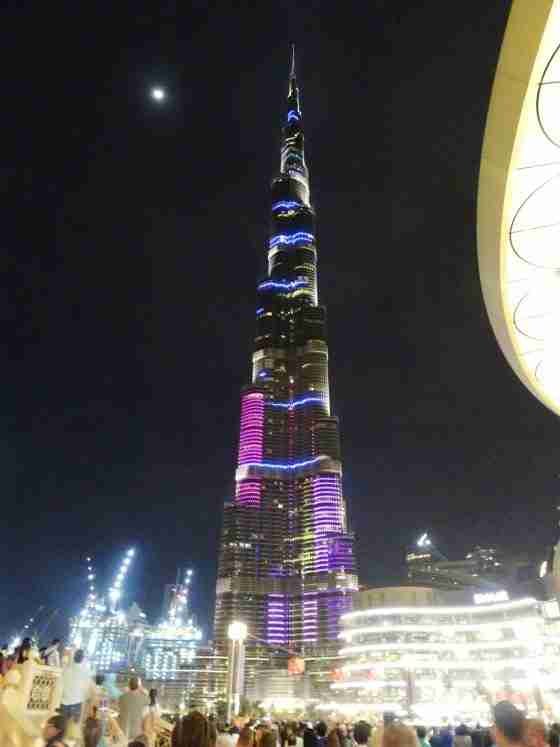Burj Khalifa lit up at night on a stop over in Dubai