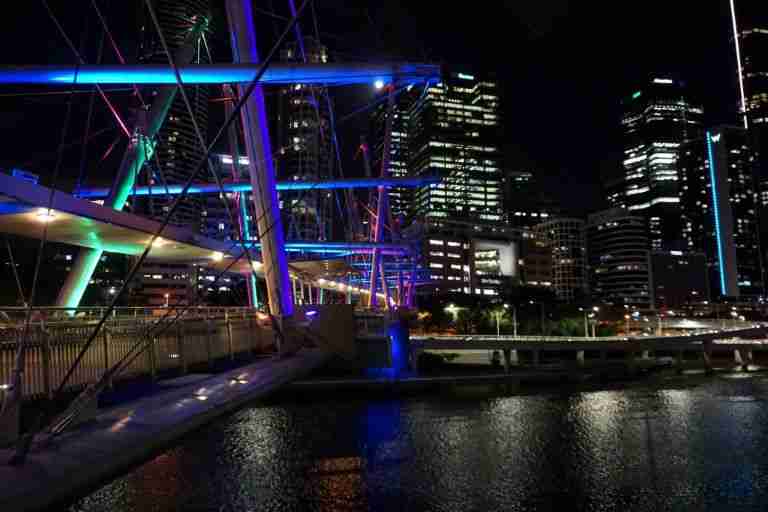 The Kurilpa Pedestrian Bridge in Brisbane Australia lit up at night