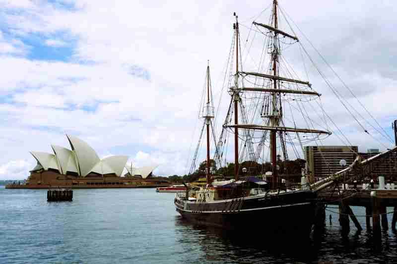 A tall ship moored at Campbell's Cove in The Rocks Sydney