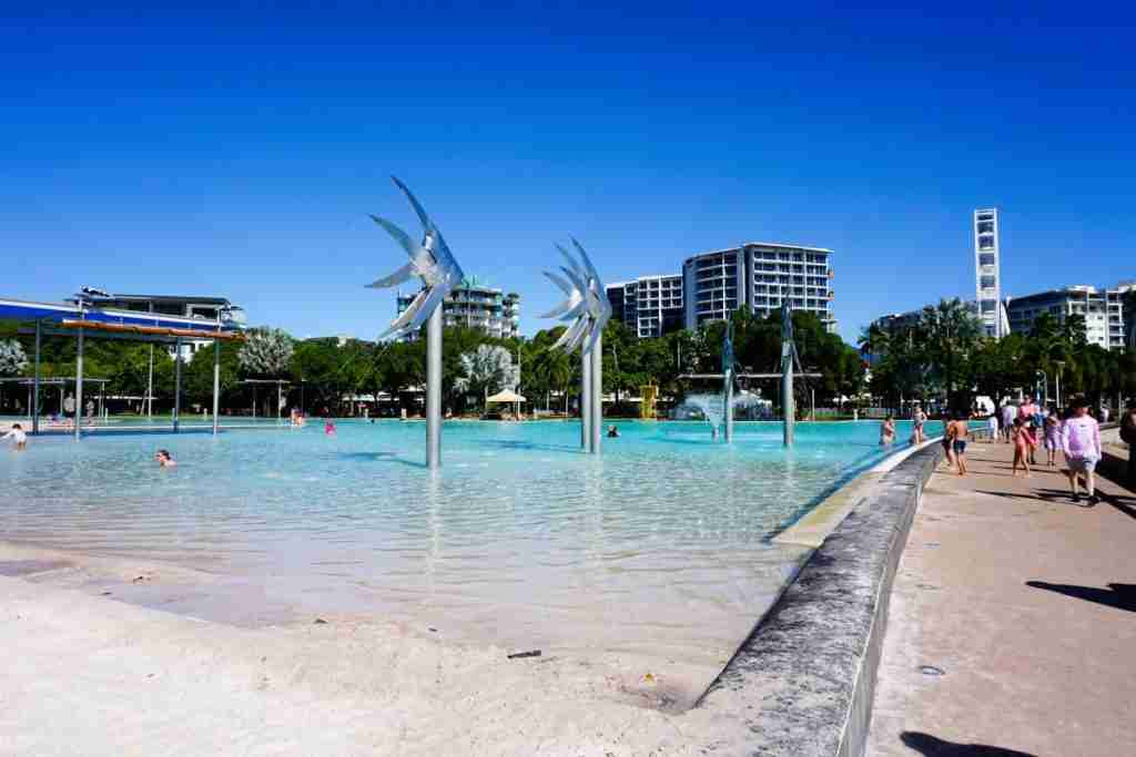 The Cairns Lagoon with windmill waterfeatures and aqua blue water