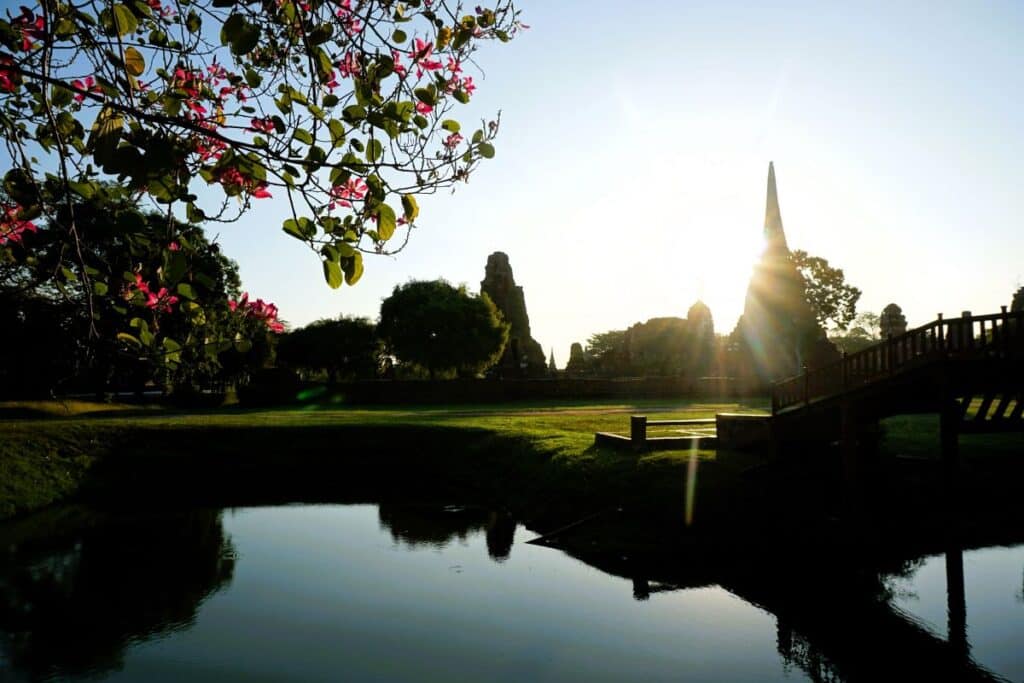 Lakes and parklands surrounding Wat Mahathat in Autthaya Thailand