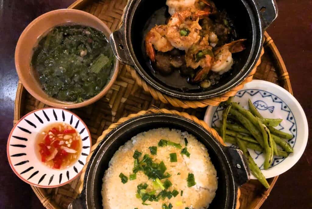 ameal with baked rice prawns nd sauces