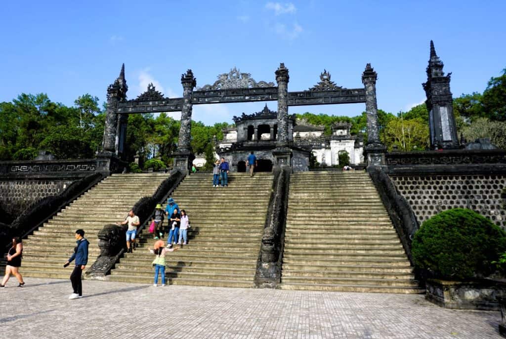 Stairs leading to the blackened mausoleum of Emperor Khai Dinh