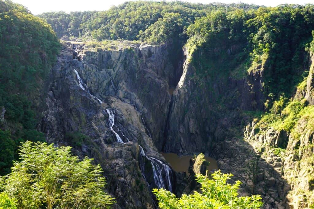 plunging waterfall surrounded by green rainforest in far north Queensland
