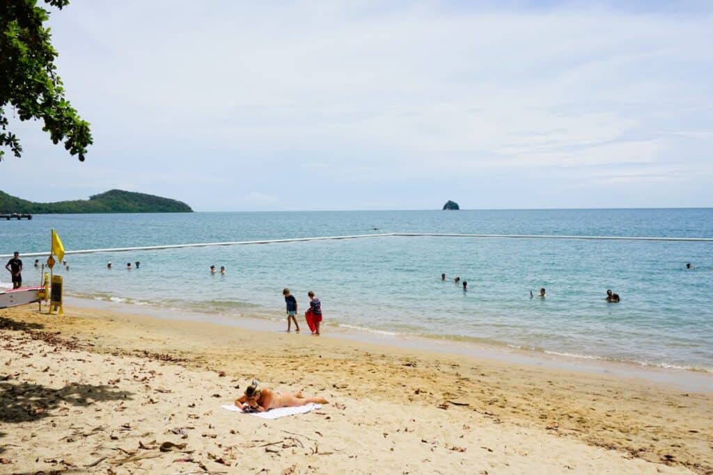 People swimming in the nets at Palm Cove beach in Cairns