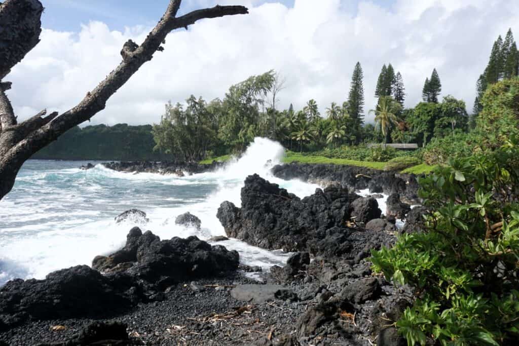 crashing surf onto black volcanic beach