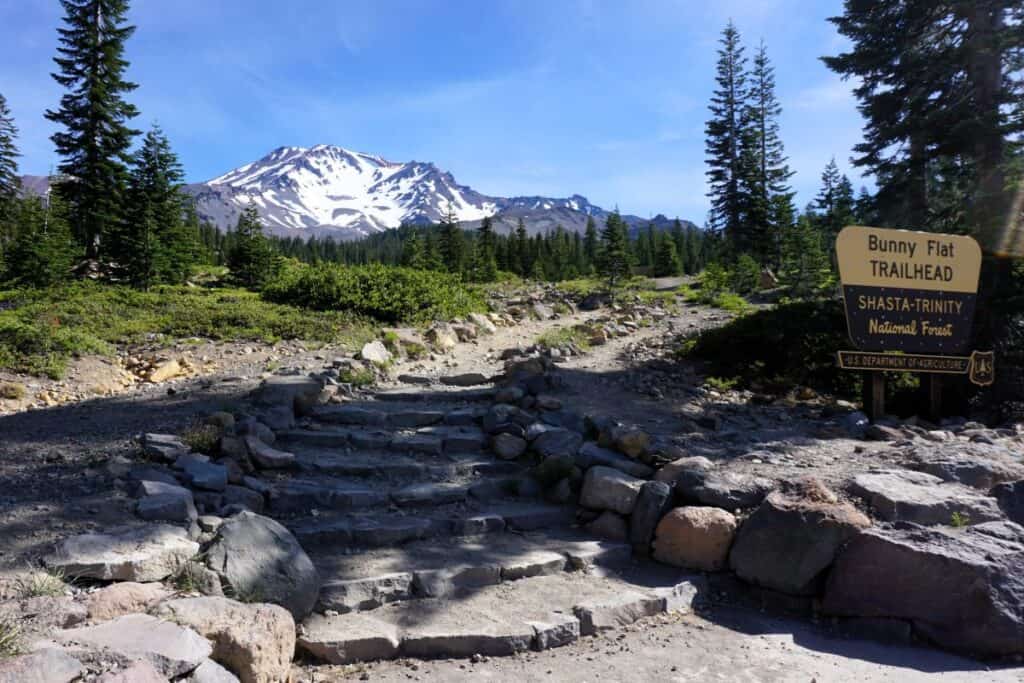 Bunny Flat Trail head with snowcapped Mount Shasta behind